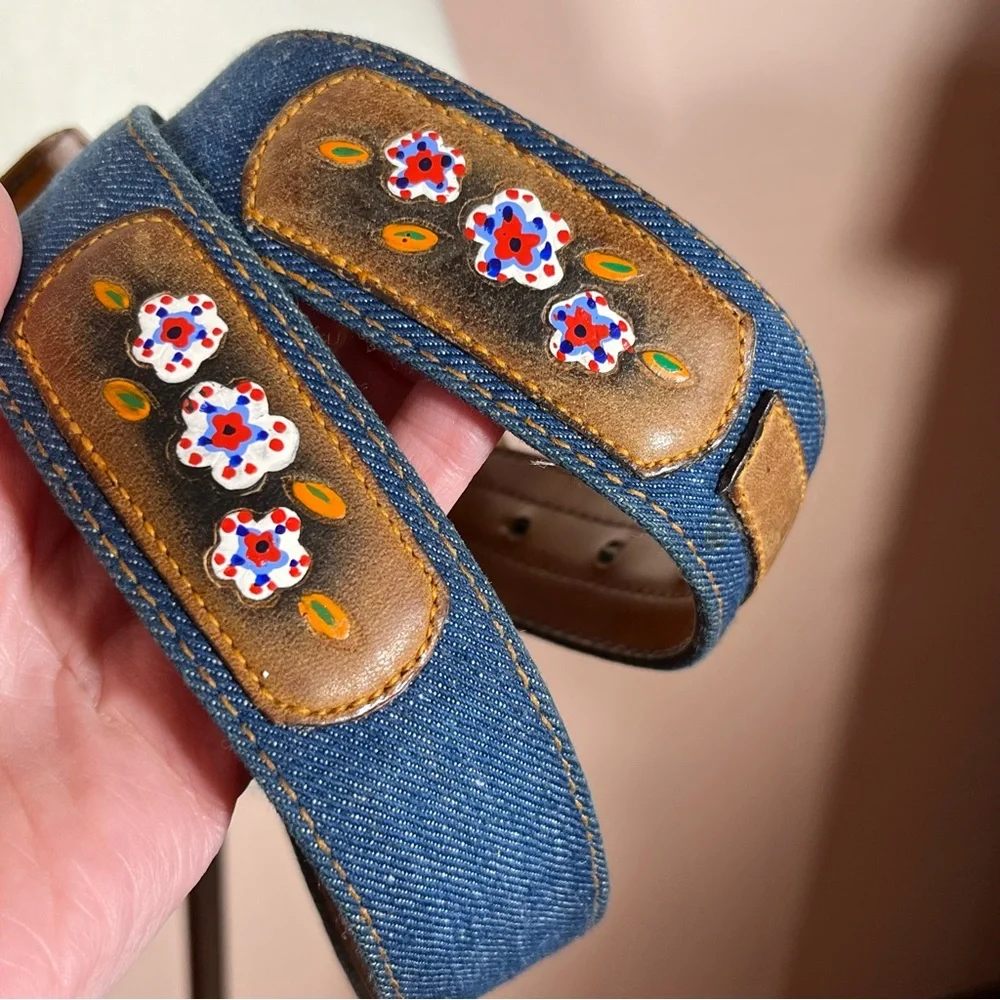 Vintage 1970 Hickok mod floral tooled Leather Denim Western Belt Festival sz 30